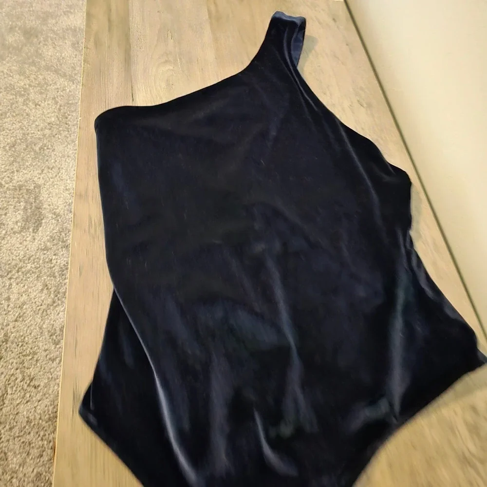 Fabletics Gigi Velour Bodysuit Bodysuit Medium Blue One Shoulder Snap Closure
